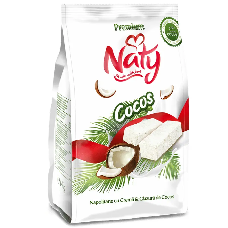 Naty Premium – Napolitane cu Cremă și Glazură de Cocos 140 g