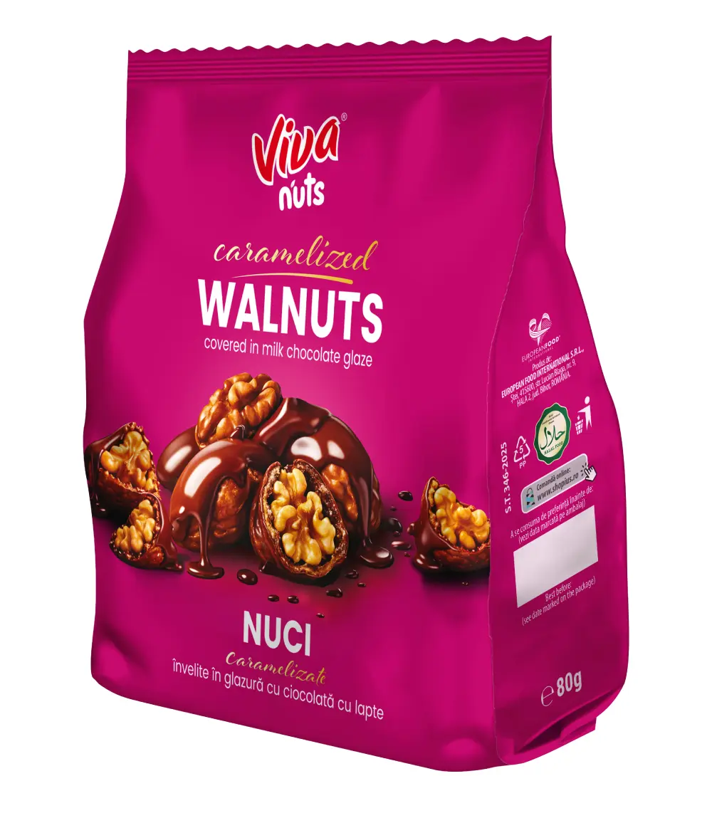 Viva Nuts – Nuci Caramelizate Învelite în Glazură cu Ciocolată cu Lapte 80 g