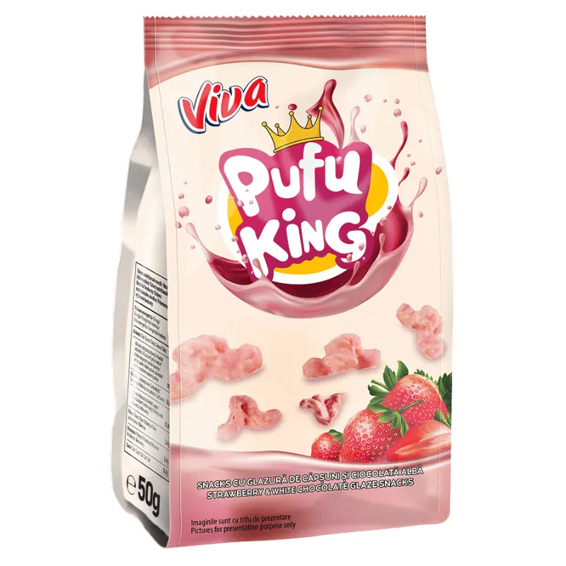 Viva Pufu King – Snacks cu Glazură de Căpșuni și Ciocolată 50 g