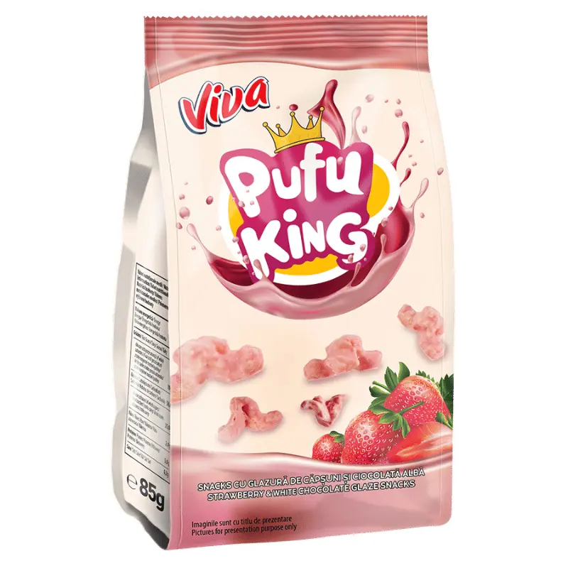 Viva Pufu King – Snacks cu Glazură de Căpșuni și Ciocolată 85 g